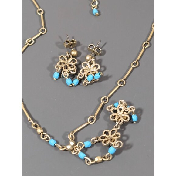 Avon Blue FLower Gold Tone Matte Fringe Charm Boho Western Necklace Earring Set - Picture 5 of 7